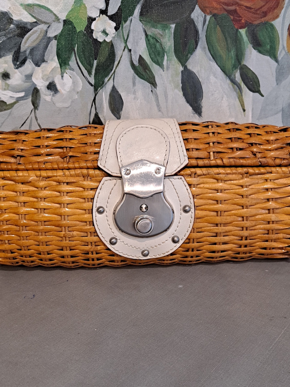 The Limited Woven Barrel Wicker Rattan Clutch White Trim and Silver Hardware - Picture 2 of 11